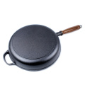 non-stick cast iron metal fry pan skillet with wooden handle